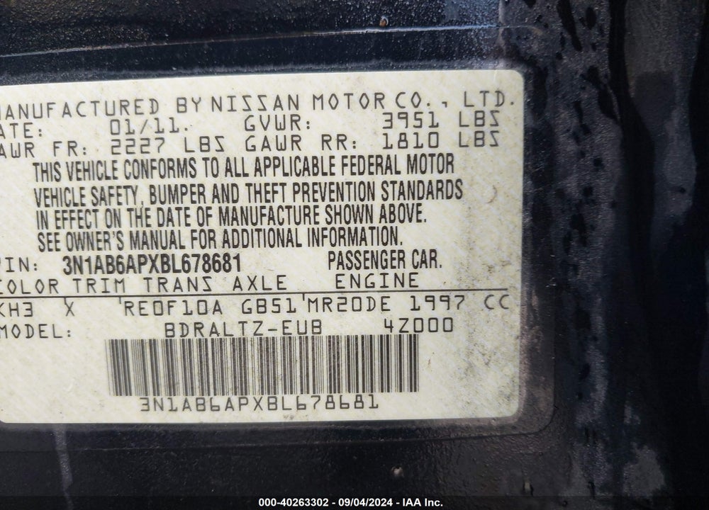 2011 NISSAN SENTRA 2.0S VIN: 3N1AB6APXBL678681