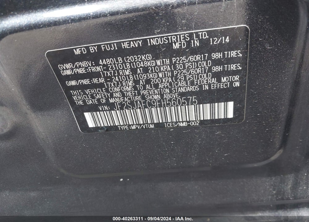2015 SUBARU FORESTER 2.5I PREMIUM VIN: JF2SJAFC9FH560575
