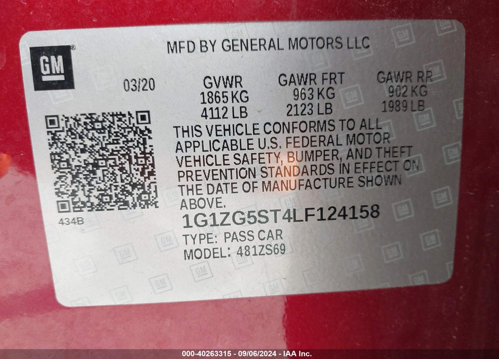 2020 CHEVROLET MALIBU FWD RS VIN: 1G1ZG5ST4LF124158
