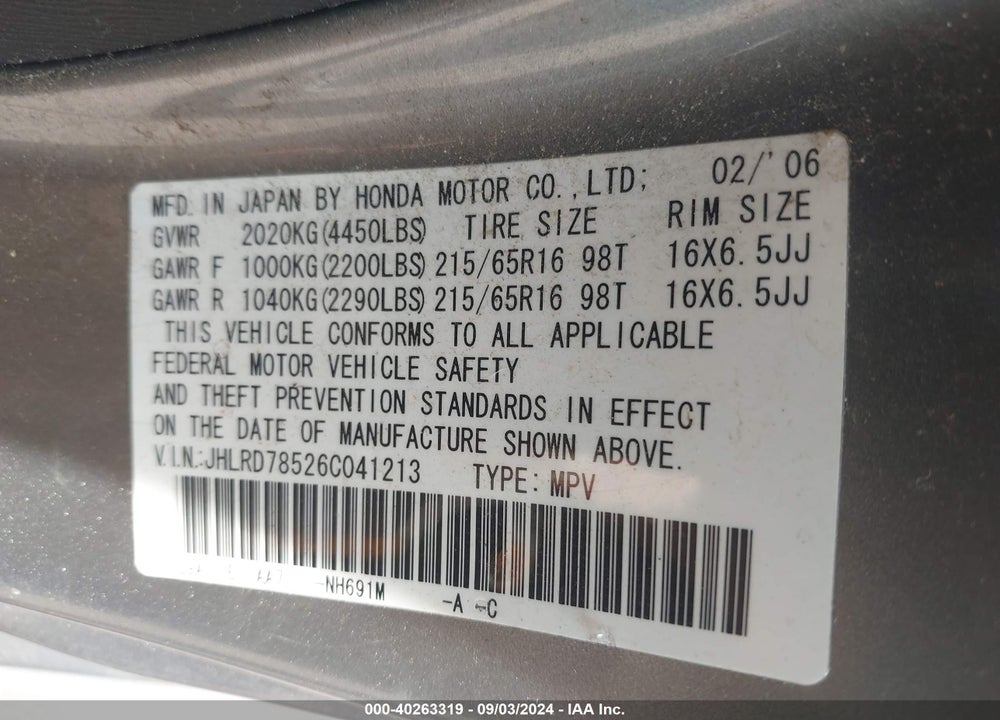 2006 HONDA CR-V LX VIN: JHLRD78526C041213