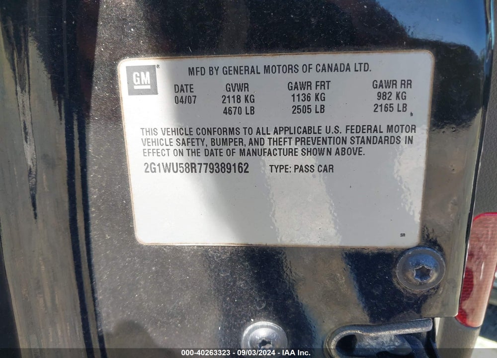 2007 CHEVROLET IMPALA LTZ VIN: 2G1WU58R779389162