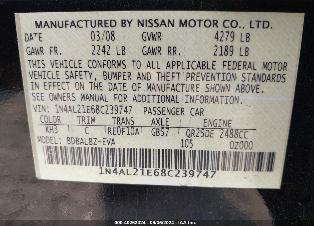 2008 NISSAN ALTIMA 2.5 S VIN: 1N4AL21E68C239747