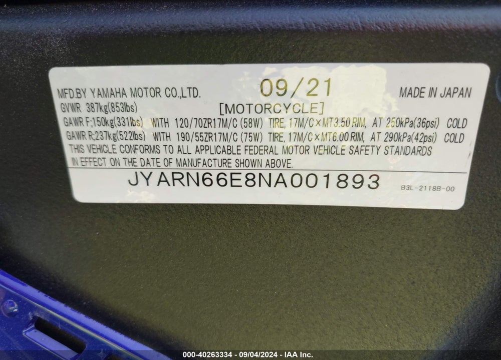 2022 YAMAHA YZFR1 VIN: JYARN66E8NA001893