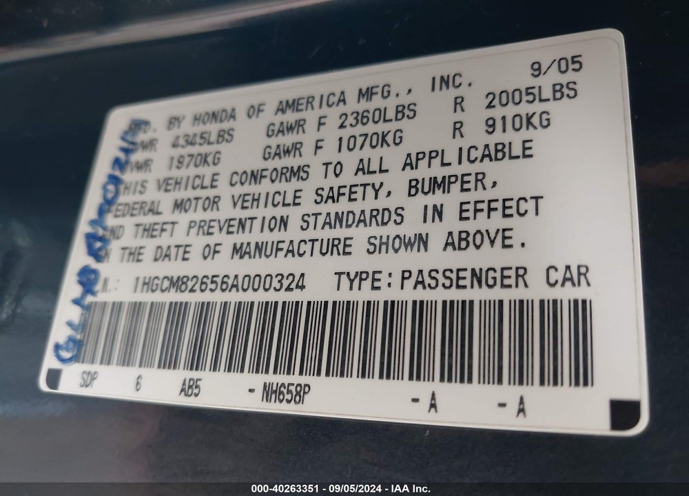 2006 HONDA ACCORD 3.0 EX VIN: 1HGCM82656A000324