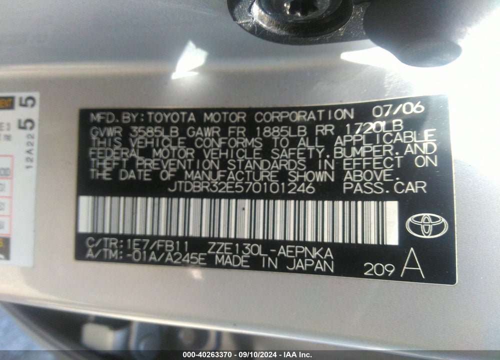 2007 TOYOTA COROLLA LE VIN: JTDBR32E570101246