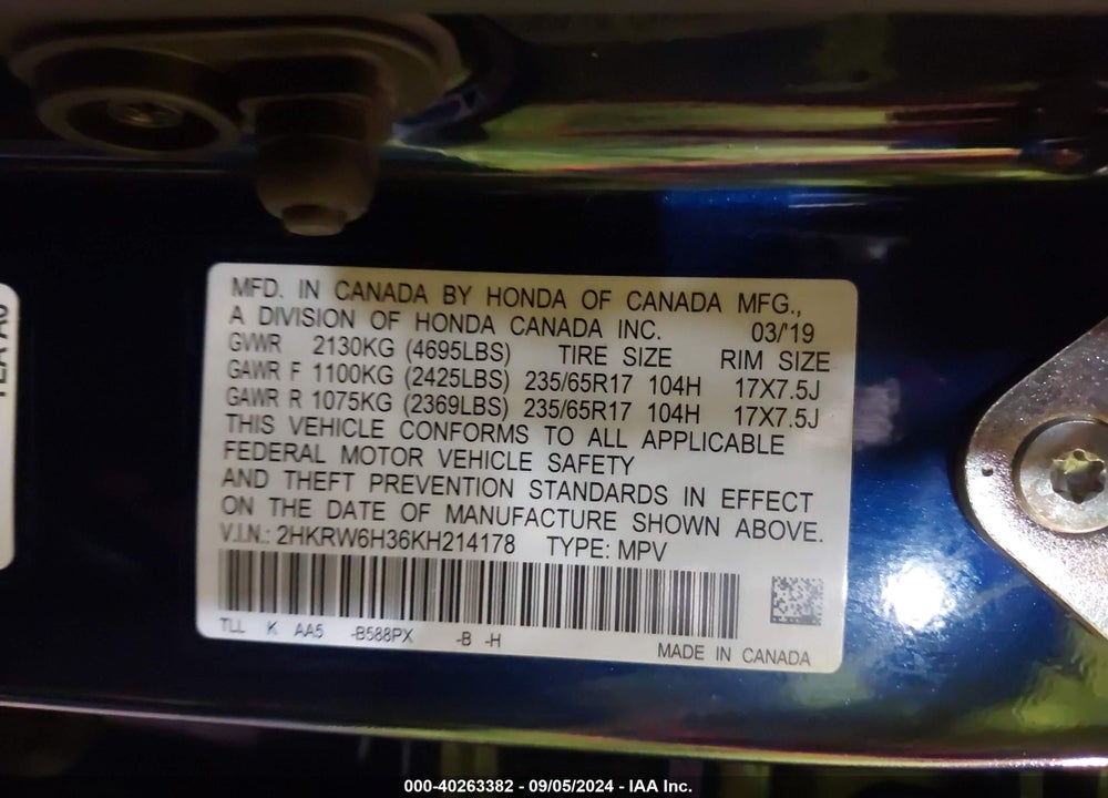 2019 HONDA CR-V LX VIN: 2HKRW6H36KH214178