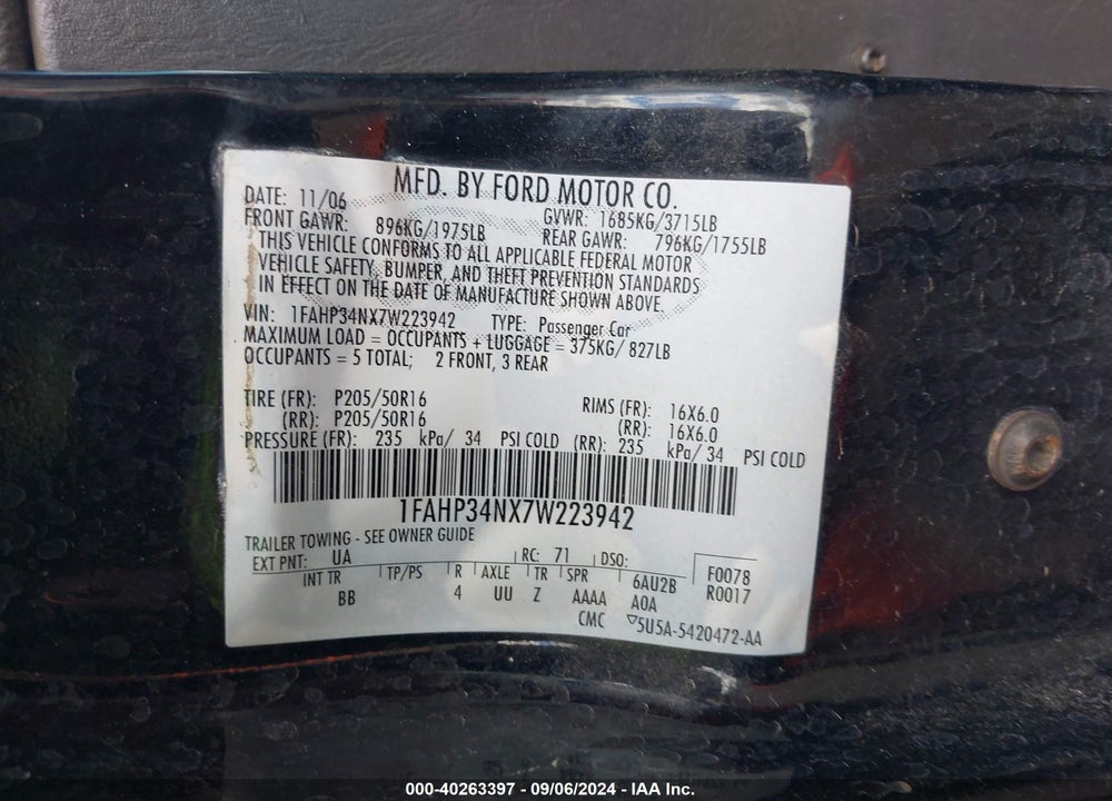 2007 FORD FOCUS VIN: 1FAHP34NX7W223942