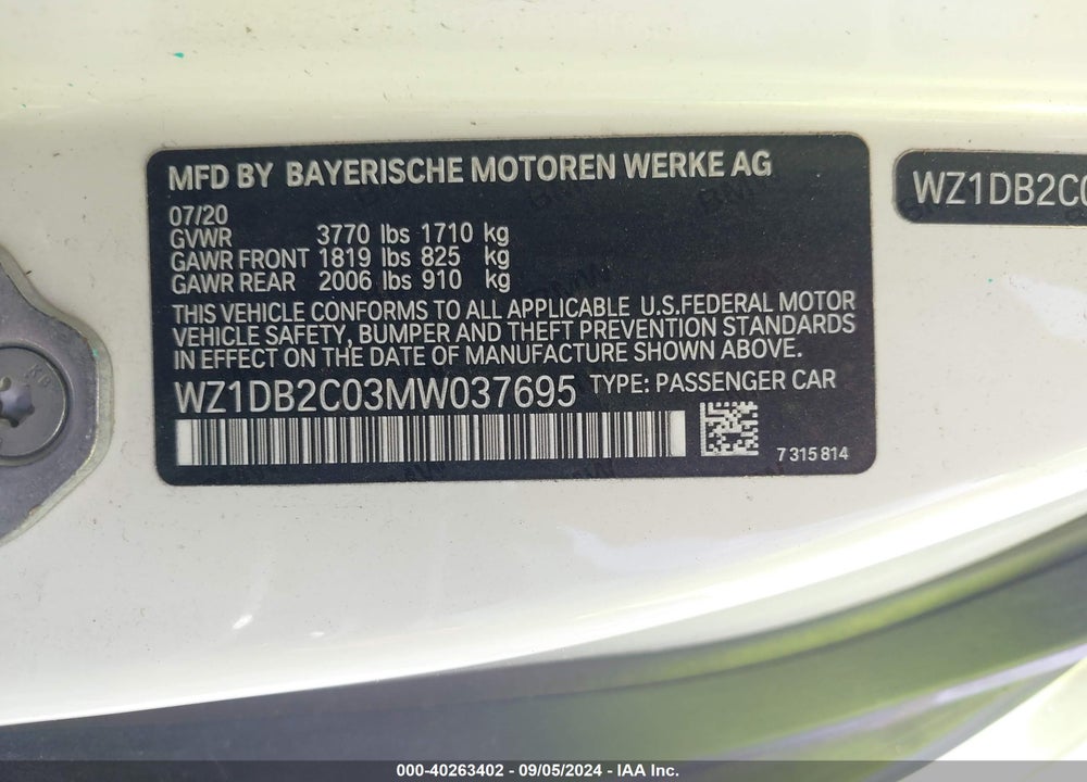 2021 TOYOTA GR SUPRA 2.0 VIN: WZ1DB2C03MW037695