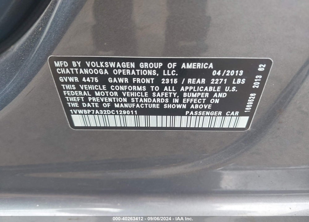 2013 VOLKSWAGEN PASSAT 2.5L SE VIN: 1VWBP7A32DC129011