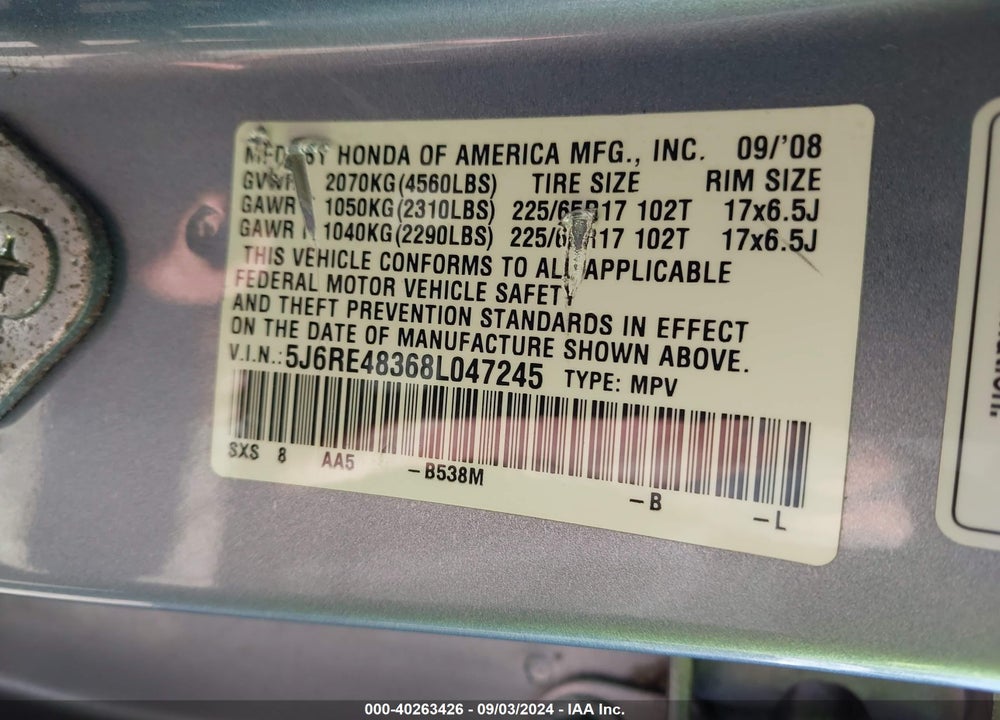 2008 HONDA CR-V LX VIN: 5J6RE48368L047245