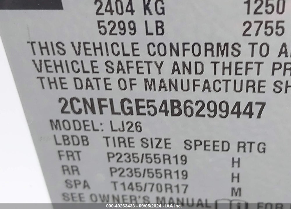 2011 CHEVROLET EQUINOX LTZ VIN: 2CNFLGE54B6299447