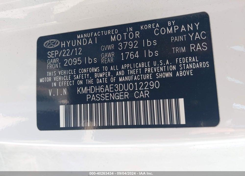 2013 HYUNDAI ELANTRA SE VIN: KMHDH6AE3DU012290