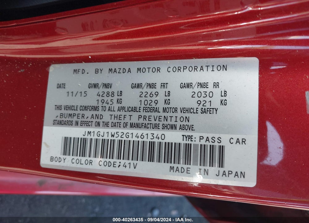 2016 MAZDA 6 I GRAND TOURING VIN: JM1GJ1W52G1461340