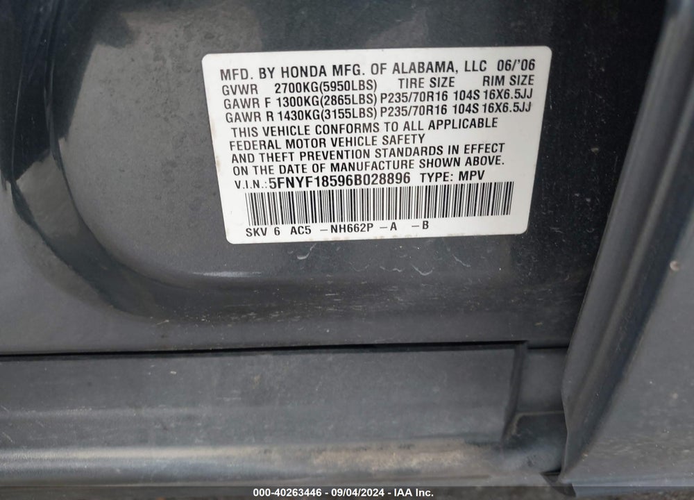 2006 HONDA PILOT EX-L VIN: 5FNYF18596B028896