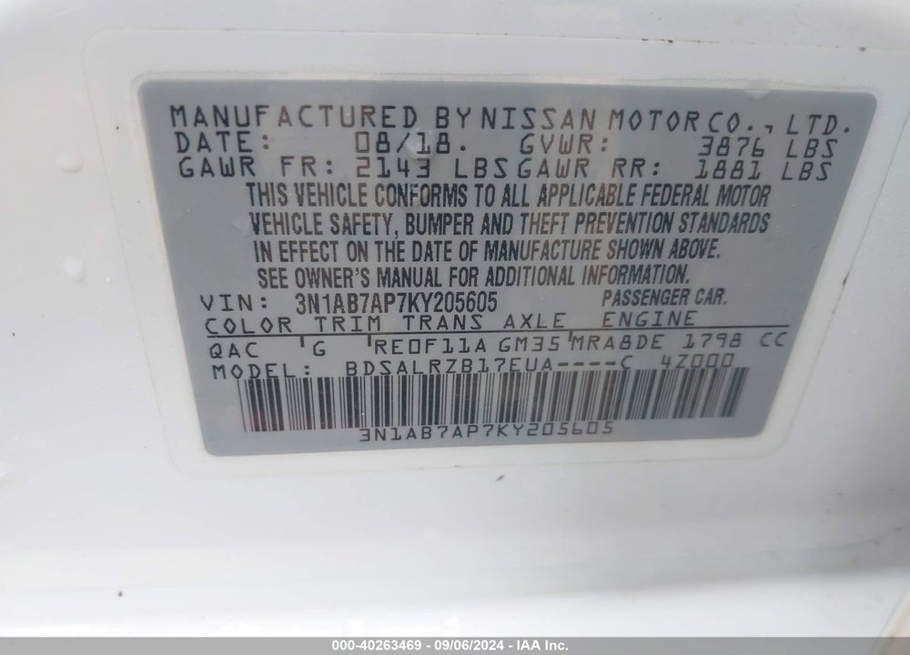 2019 NISSAN SENTRA SR VIN: 3N1AB7AP7KY205605
