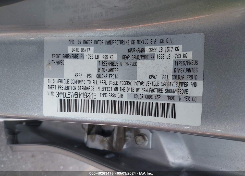 2017 TOYOTA YARIS IA VIN: 3MYDLBYV5HY192216