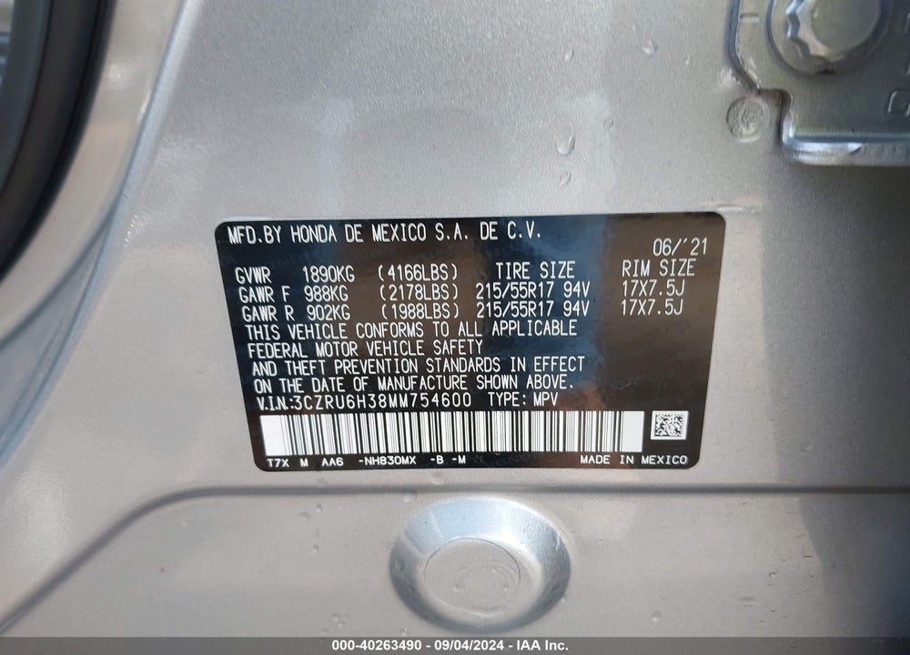 2021 HONDA HR-V AWD LX VIN: 3CZRU6H38MM754600