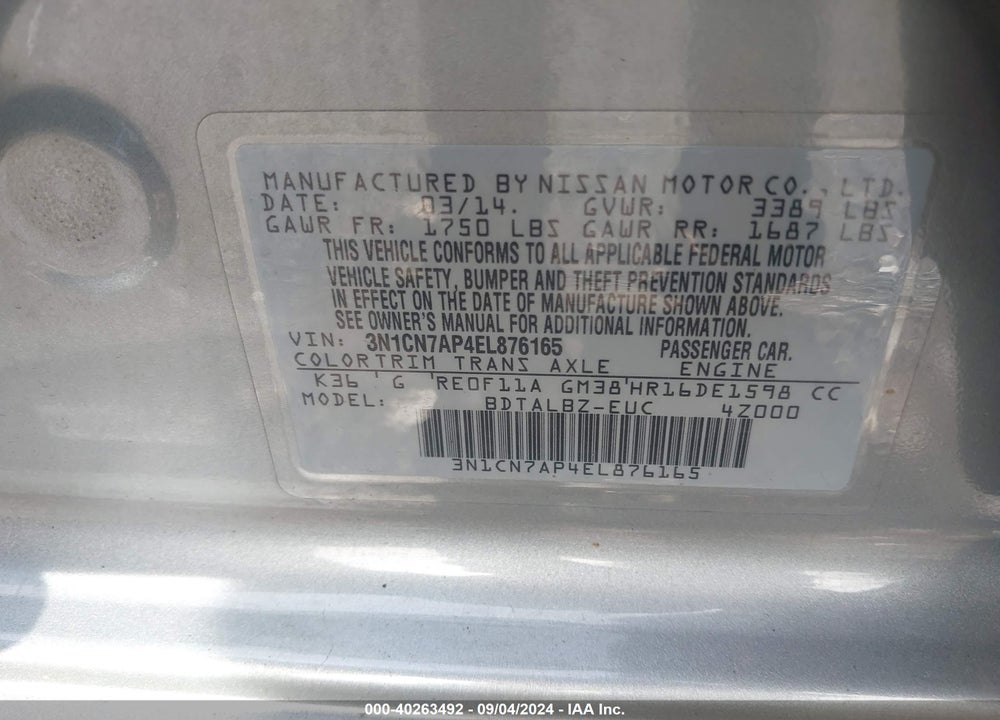 2014 NISSAN VERSA 1.6 S/1.6 S+/1.6 SL/1.6 SV VIN: 3N1CN7AP4EL876165