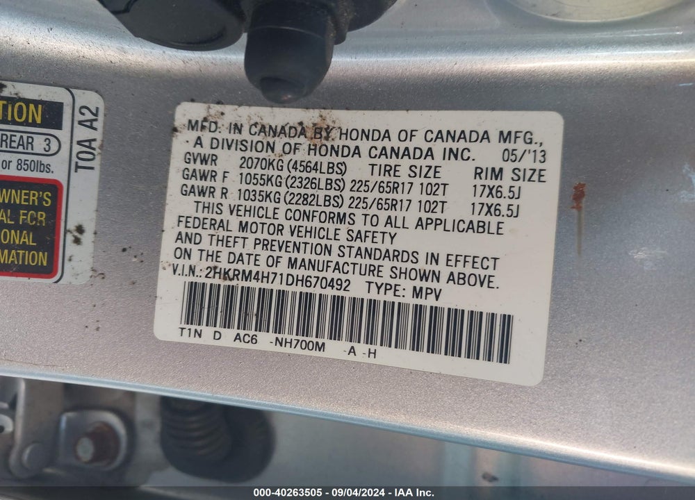 2013 HONDA CR-V EX-L VIN: 2HKRM4H71DH670492