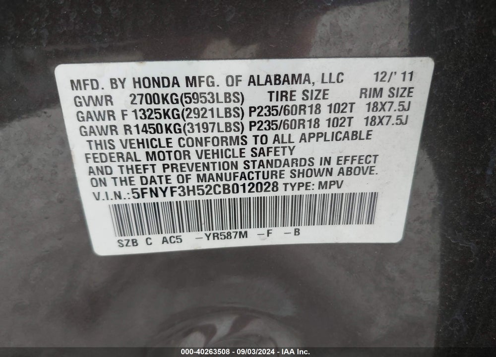 2012 HONDA PILOT EX-L VIN: 5FNYF3H52CB012028