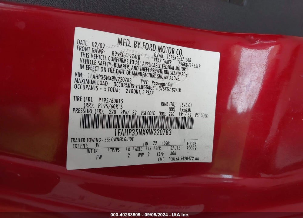 2009 FORD FOCUS SE VIN: 1FAHP35NX9W220783