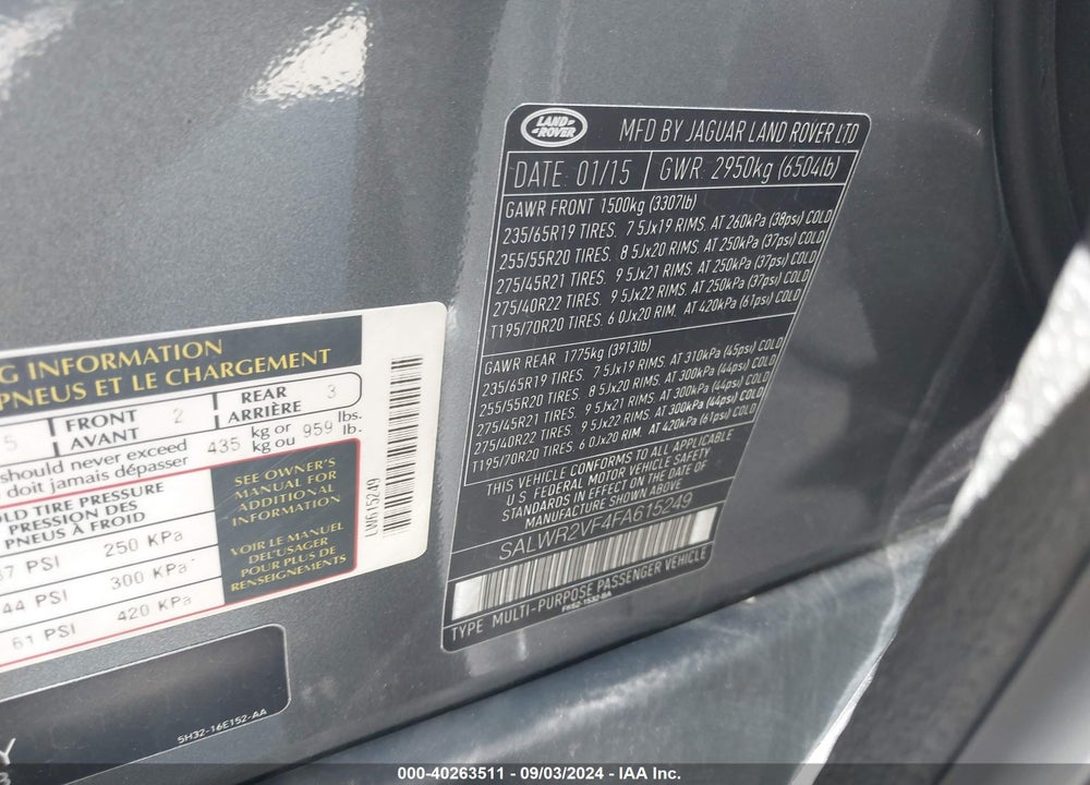 2015 LAND ROVER RANGE ROVER SPORT VIN: SALWR2VF4FA615249