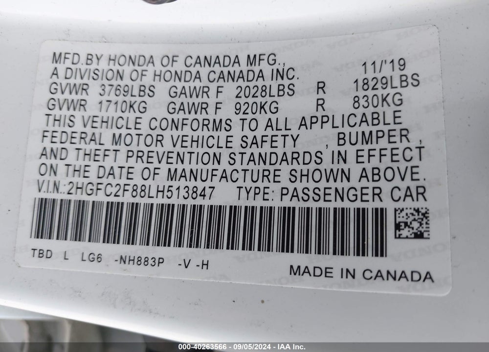 2020 HONDA CIVIC SPORT VIN: 2HGFC2F88LH513847