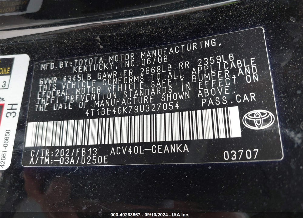 2009 TOYOTA CAMRY LE VIN: 4T1BE46K79U327054