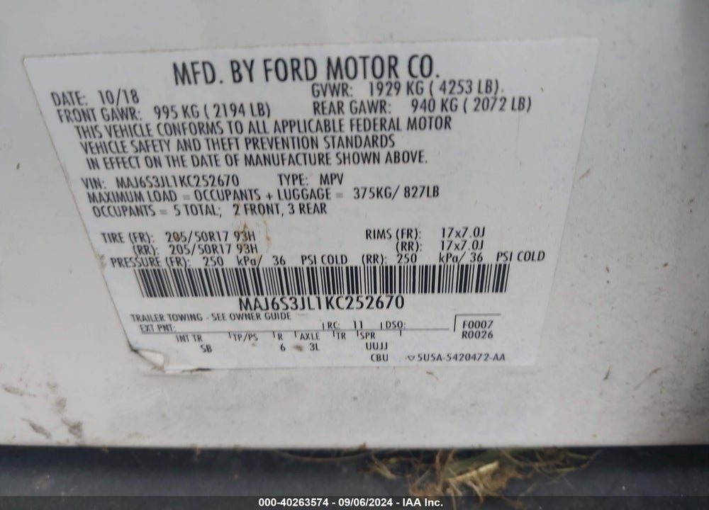 2019 FORD ECOSPORT SES VIN: MAJ6S3JL1KC252670