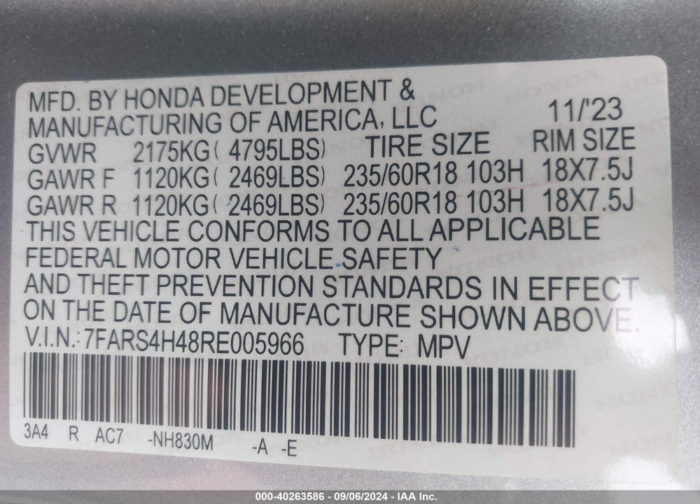 2024 HONDA CR-V VIN: 7FARS4H48RE005966