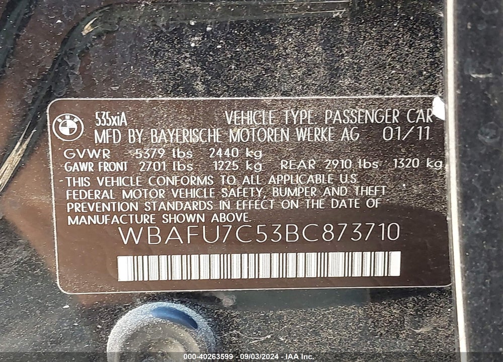 2011 BMW 535I XDRIVE VIN: WBAFU7C53BC873710