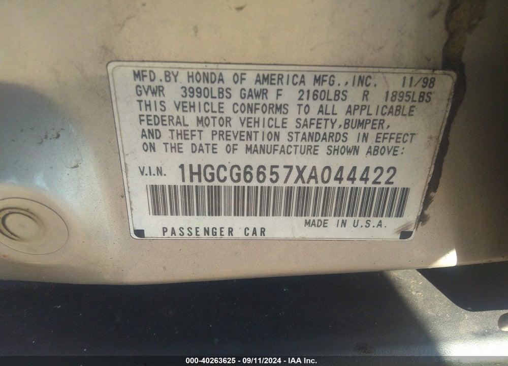1999 HONDA ACCORD VIN: 1HGCG6657XA044422