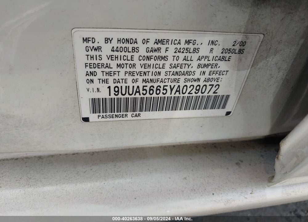 2000 ACURA TL VIN: 19UUA5665YA029072