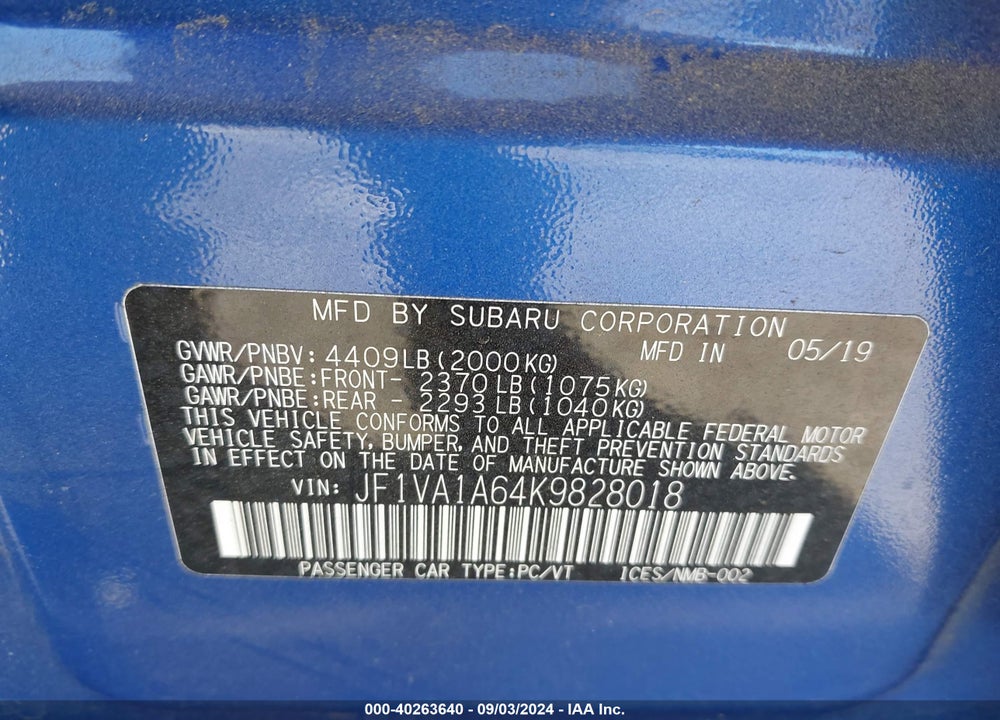 2019 SUBARU WRX VIN: JF1VA1A64K9828018