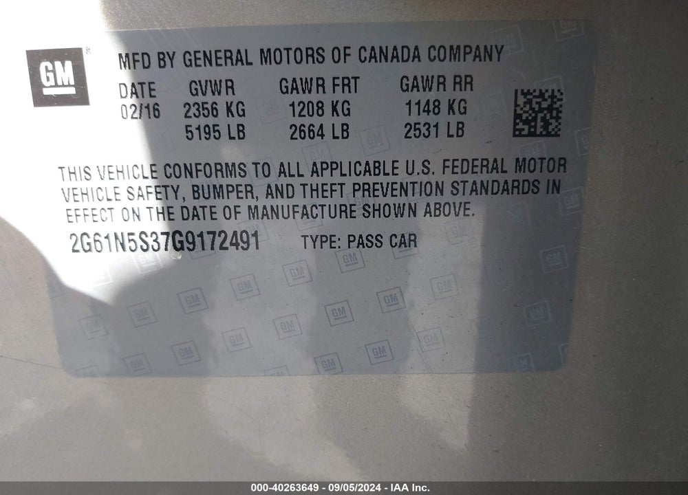 2016 CADILLAC XTS LUXURY COLLECTION VIN: 2G61N5S37G9172491