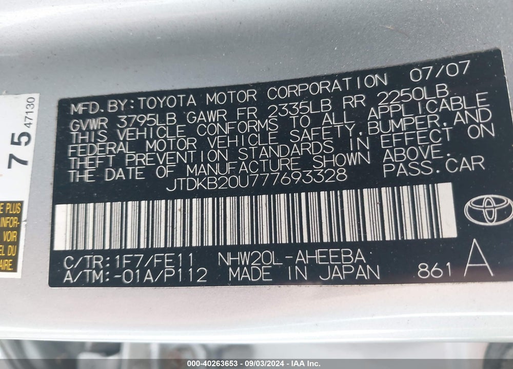 2007 TOYOTA PRIUS VIN: JTDKB20U777693328
