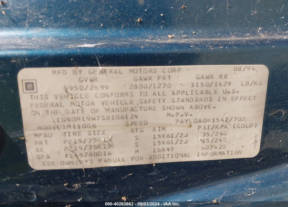 1995 CHEVROLET ASTRO VIN: 1GNDM19W7SB106124