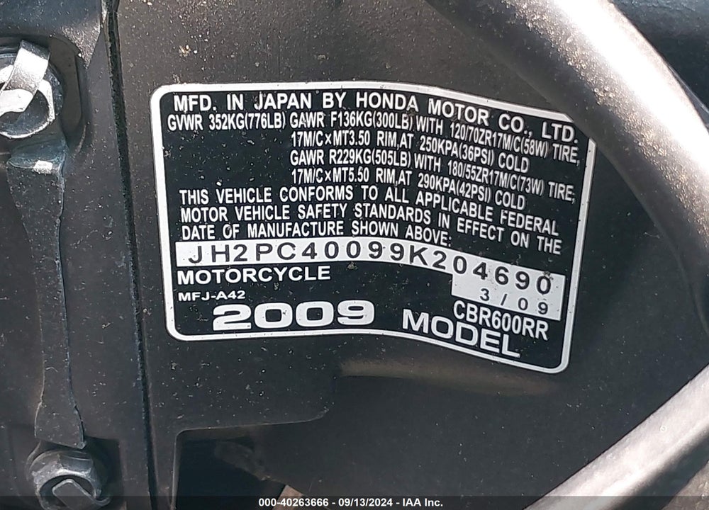 2009 HONDA CBR600 RR VIN: JH2PC40099K204690