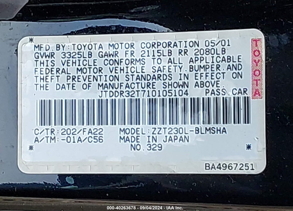 2001 TOYOTA CELICA VIN: JTDDR32T710105104