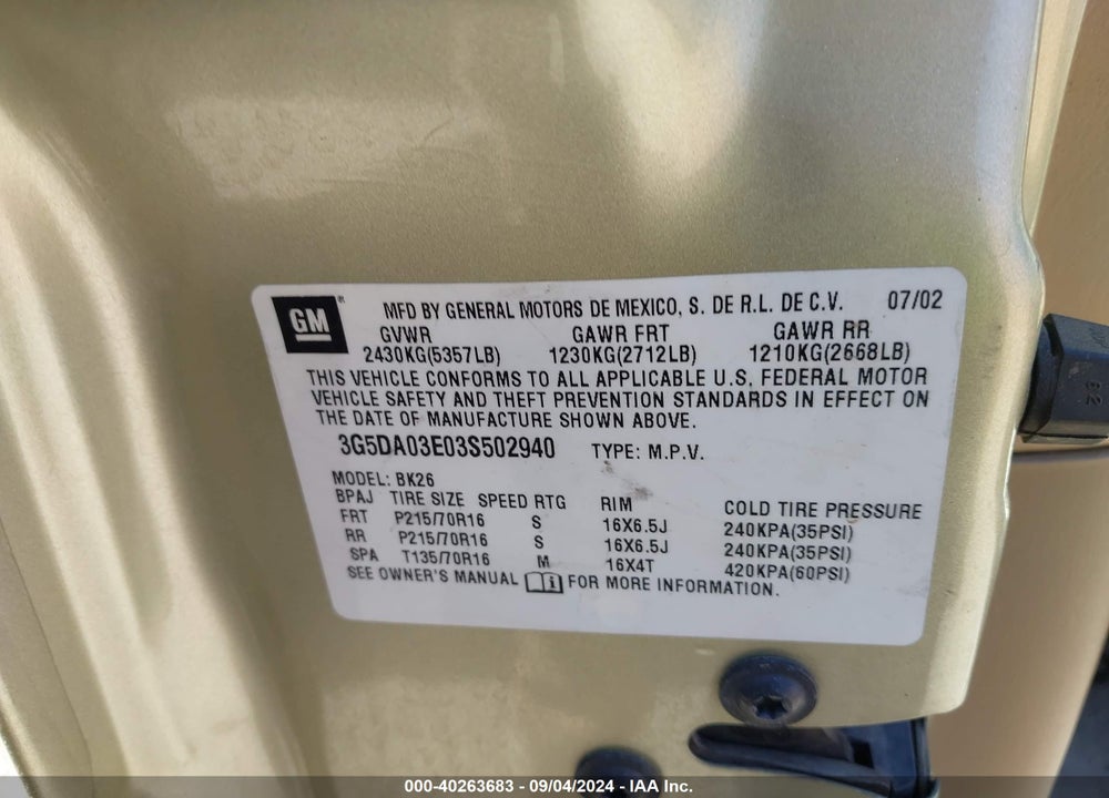 2003 BUICK RENDEZVOUS VIN: 3G5DA03E03S502940