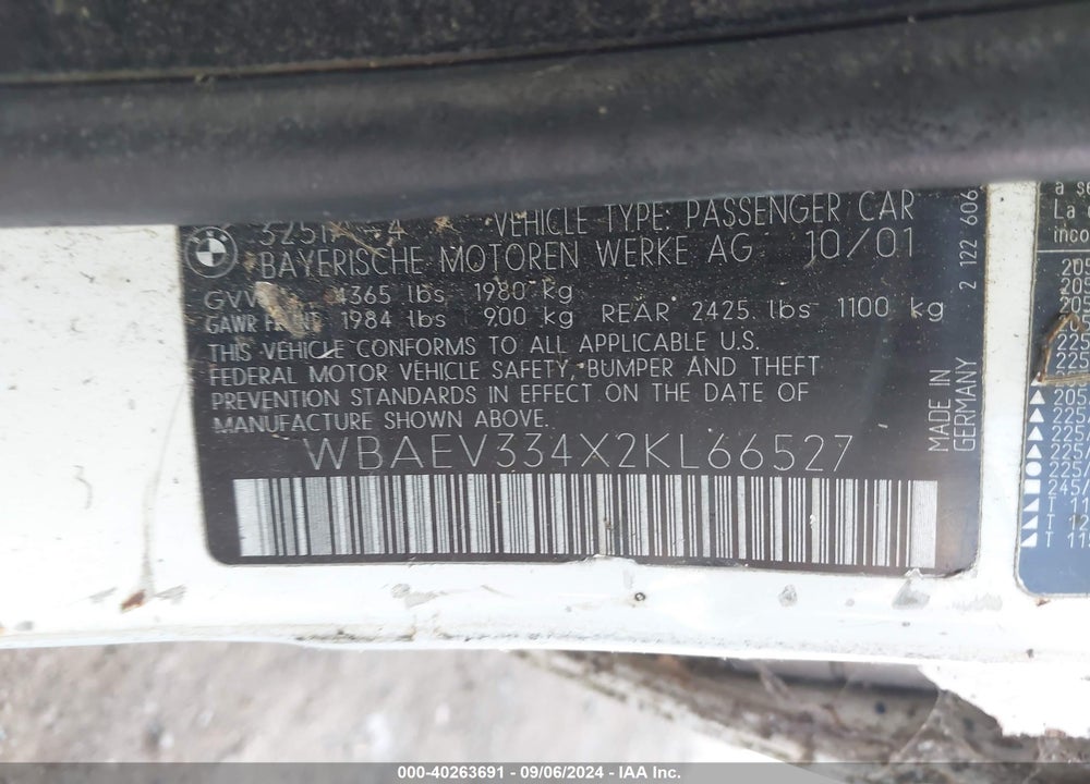 2002 BMW 325I VIN: WBAEV334X2KL66527
