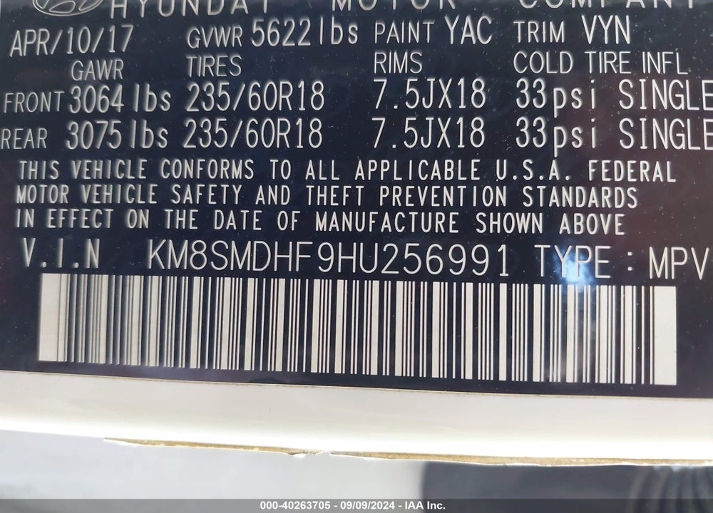 2017 HYUNDAI SANTA FE SE VIN: KM8SMDHF9HU256991