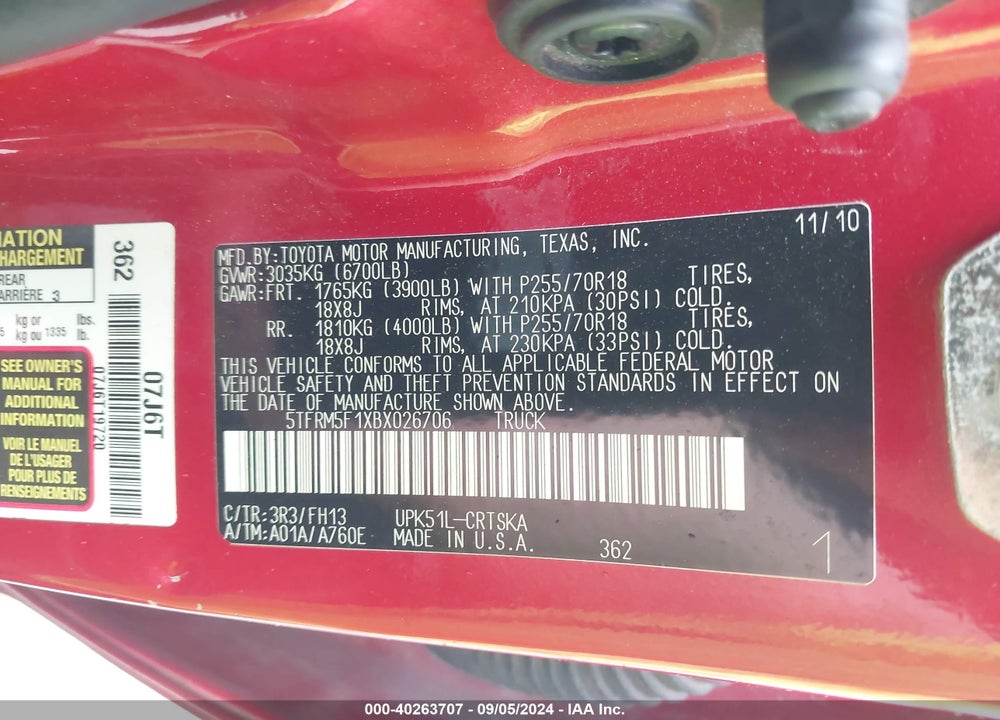 2011 TOYOTA TUNDRA GRADE 4.6L V8 VIN: 5TFRM5F1XBX026706