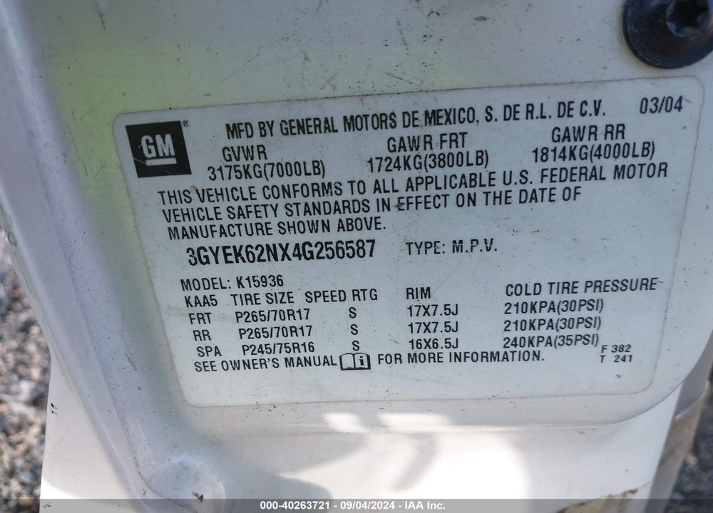 2004 CADILLAC ESCALADE EXT VIN: 3GYEK62NX4G256587