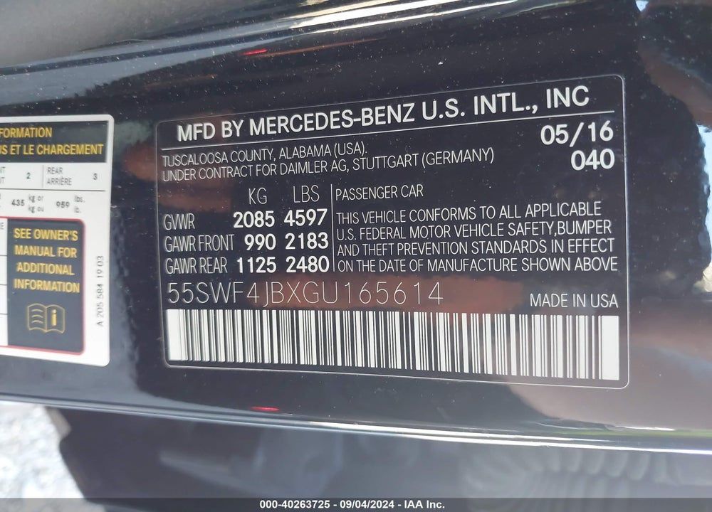 2016 MERCEDES-BENZ C 300 LUXURY/SPORT VIN: 55SWF4JBXGU165614