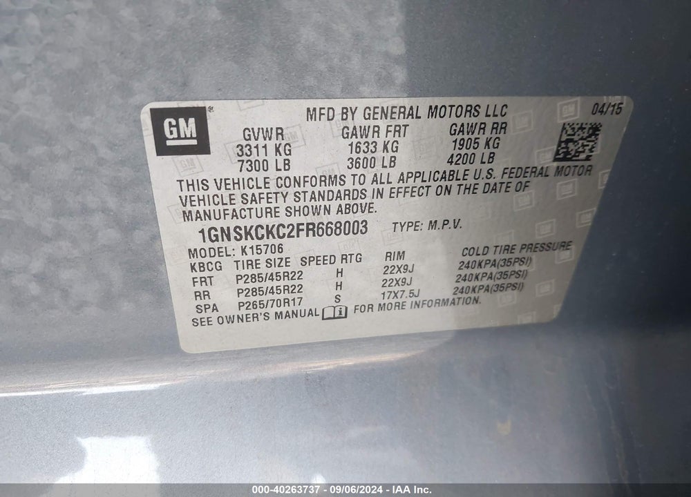 2015 CHEVROLET TAHOE LTZ VIN: 1GNSKCKC2FR668003
