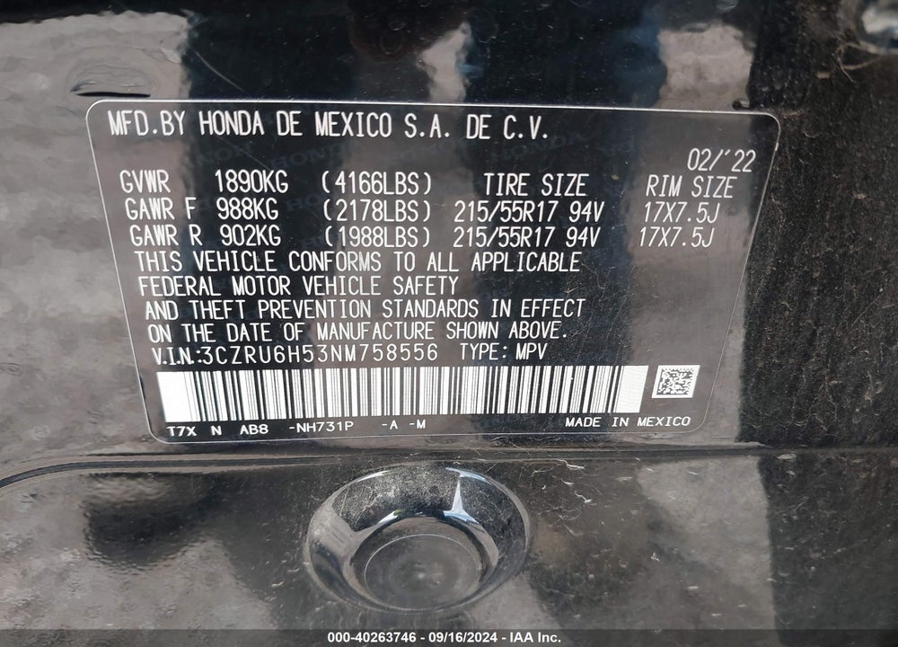 2022 HONDA HR-V AWD EX VIN: 3CZRU6H53NM758556