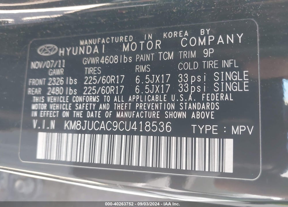 2012 HYUNDAI TUCSON GLS VIN: KM8JUCAC9CU418536