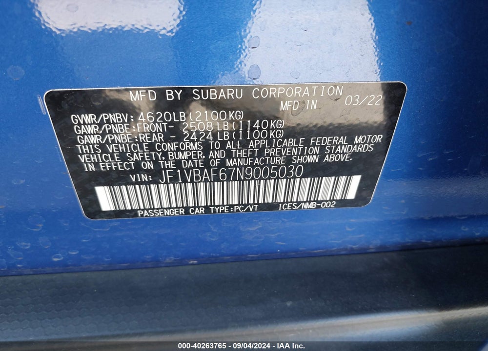2022 SUBARU WRX PREMIUM VIN: JF1VBAF67N9005030