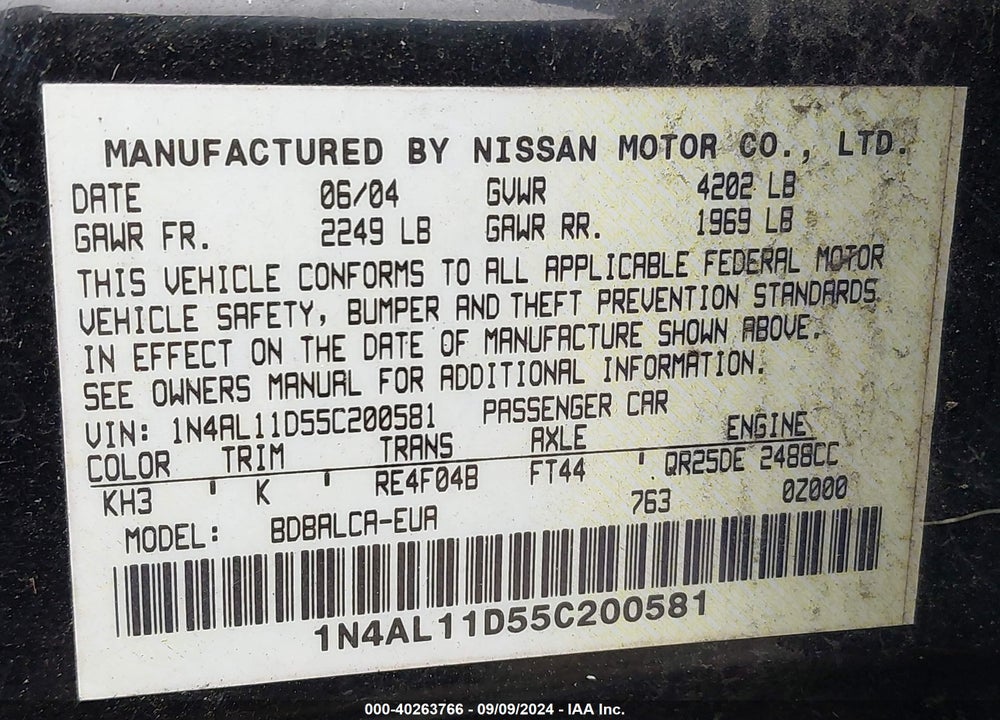 2005 NISSAN ALTIMA 2.5 S VIN: 1N4AL11D55C200581